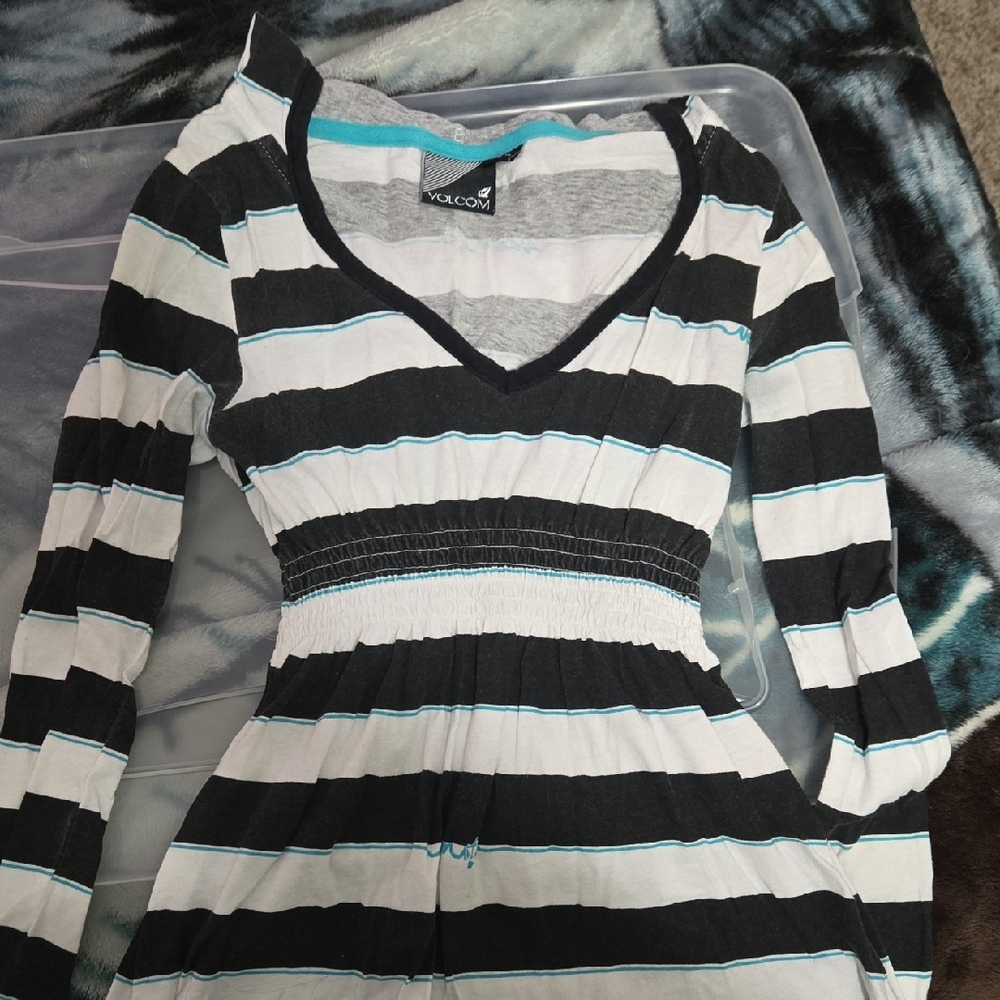 Volcom Black, White, and Blue Striped Shirt